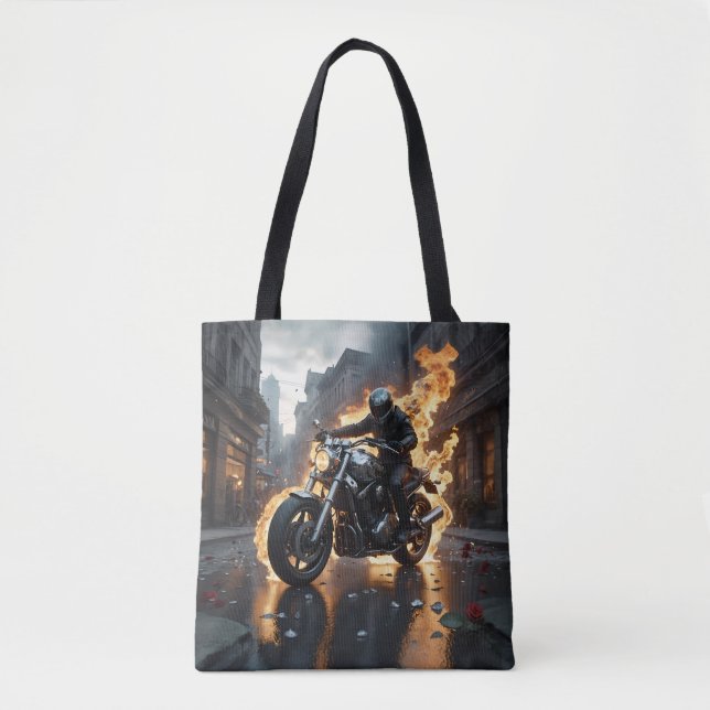 Captivating prints with biker surrounded by flames tote bag (Front)