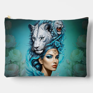 Captivating woman with a majestic lion's head, accessory pouch