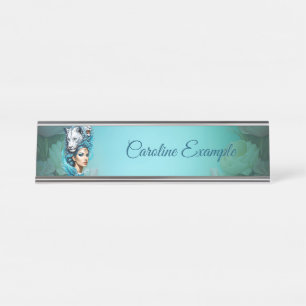 Captivating woman with a majestic lion's head, desk name plate