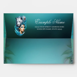 Captivating woman with a majestic lion's head, envelope