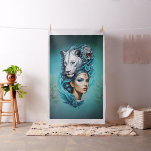 Captivating woman with a majestic lion's head, fabric