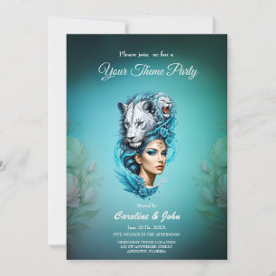 Captivating woman with a majestic lion's head,  invitation