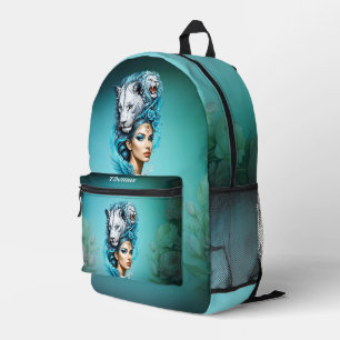 Captivating woman with a majestic lion's head, printed backpack