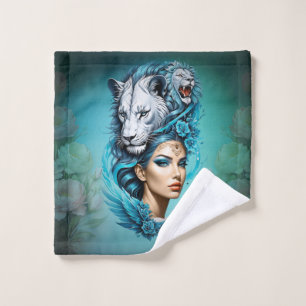 Captivating woman with a majestic lion's head, wash cloth