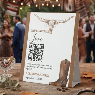 Capture love QR code Western cowboy boots wedding Pedestal Sign