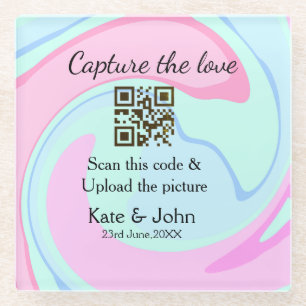 Capture the love add QR scan marble pink blue mix Glass Coaster