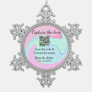 Capture the love add QR scan marble pink blue mix Snowflake Pewter Christmas Ornament