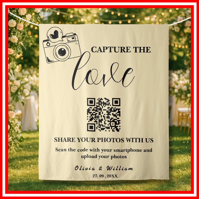 Capture The Love Butter Yellow QR Wedding Backdrop Tapestry (Creator Uploaded)