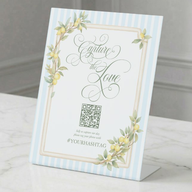 Capture the Love Coastal Lemon Wedding QR Code Pedestal Sign (coastal lemon pale blue stripe capture the love photo sharing hashtag qr code wedding pedestal sign)
