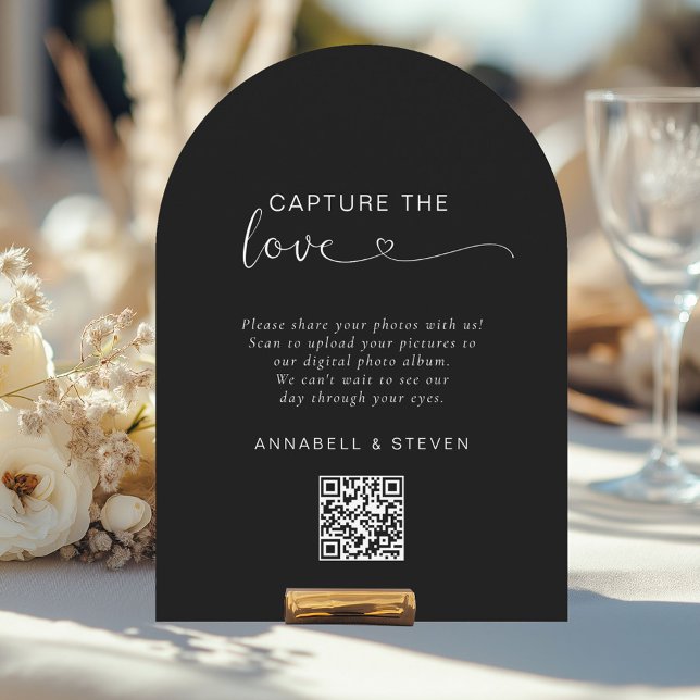 Capture the love! Custom QR-Code Wedding Invitation (Capture the love! Photo, Heart-QR-Code, Wedding Table Card, Black.)