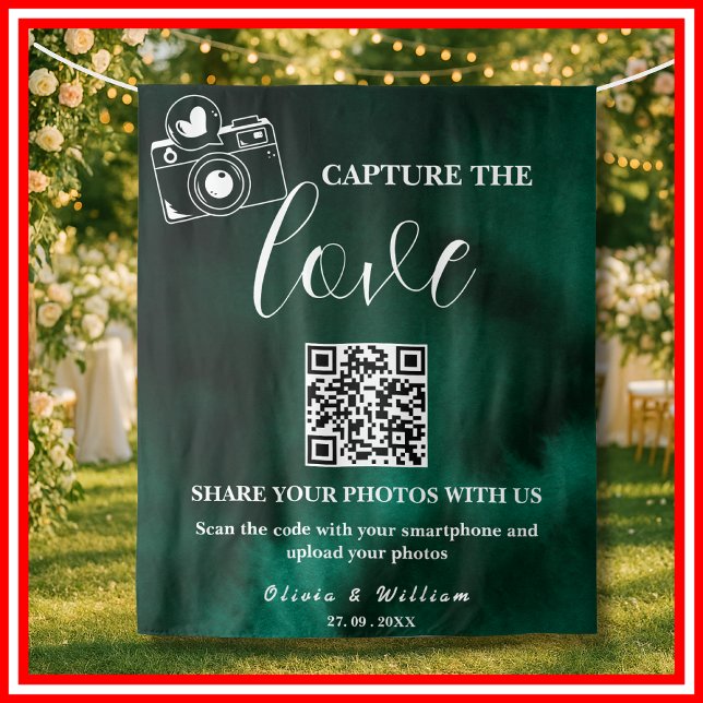 Capture The Love Emerald Green QR Backdrop Tapestry (Creator Uploaded)
