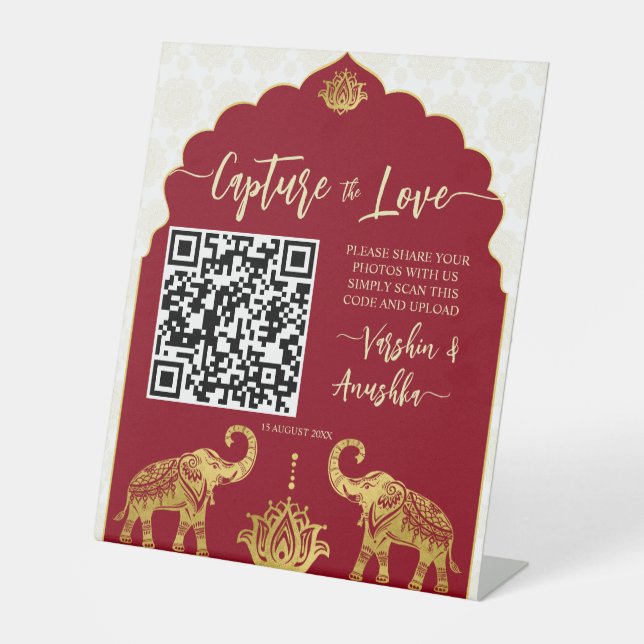 Capture the love photo sharing qr gold elephants pedestal sign (Front)