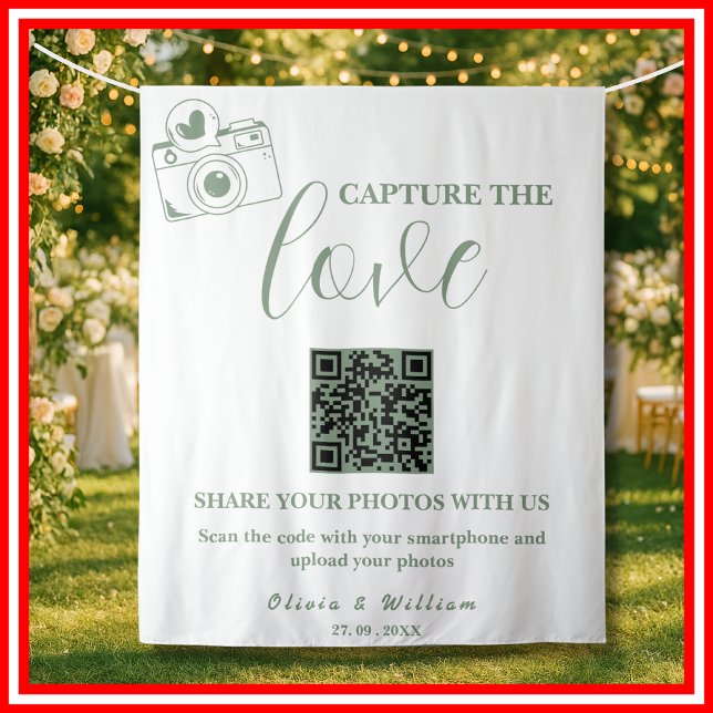 Capture The Love Sage Green QR Wedding Backdrop Tapestry (Creator Uploaded)
