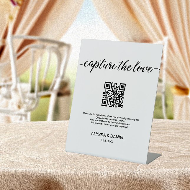 Capture the love Share Wedding Photos QR code  Pedestal Sign (Capture the Love QR code wedding guests photo share easel sign.)