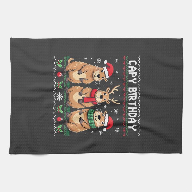 Capy Birthday Ugly Christmas Sweater Capybara   Tea Towel (Horizontal)
