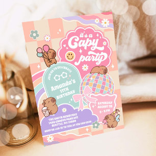 Capy Party Cloud Rainbow Disco Birthday Invitation