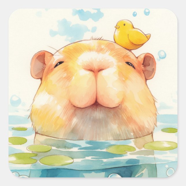 Capybara and Bird Friend Square Sticker (Front)