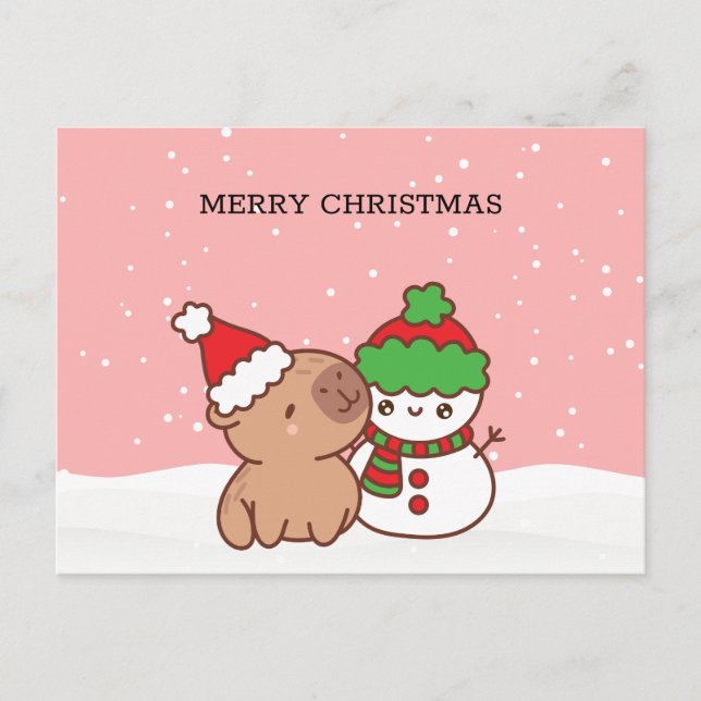 Capybara And Snowman Cute Christmas Holiday Postcard (Front)