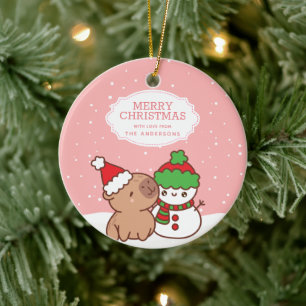 Capybara And Snowman Cute Merry Christmas Ceramic Ornament