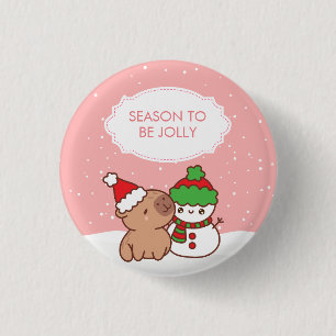 Capybara And Snowman Season To Be Jolly Cute Xmas 3 Cm Round Badge