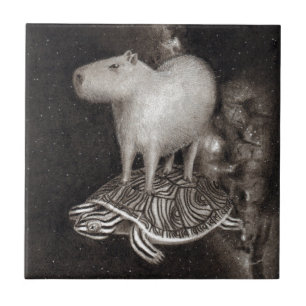 Capybara and Terrapin flying through space drawing Ceramic Tile