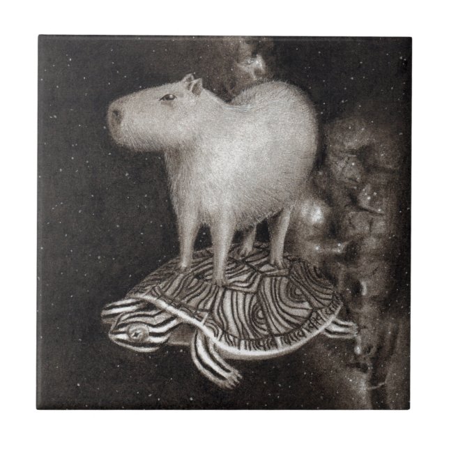 Capybara and Terrapin flying through space drawing Ceramic Tile (Front)