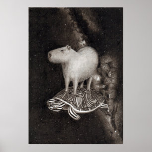 Capybara and terrapin flying through space poster