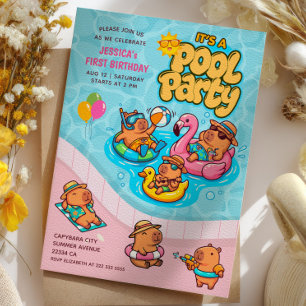 Capybara Animal 1st Birthday Summer Pool Party  Invitation