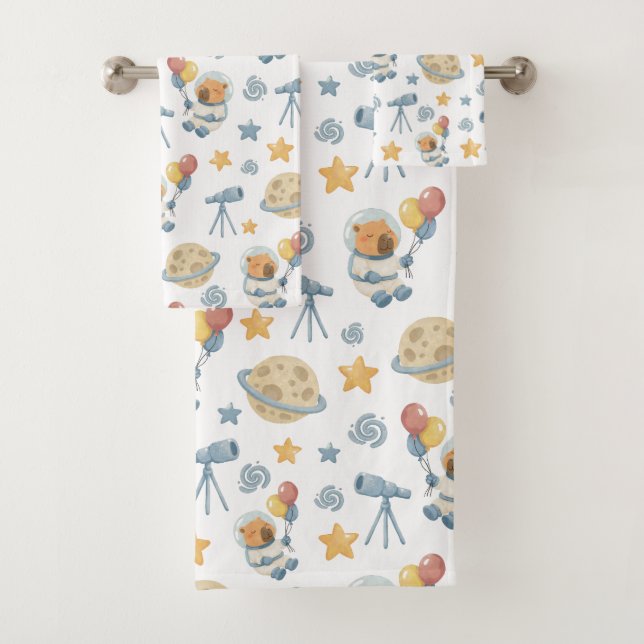 Capybara Astronaut Pattern Bath Towel Set  (Insitu)