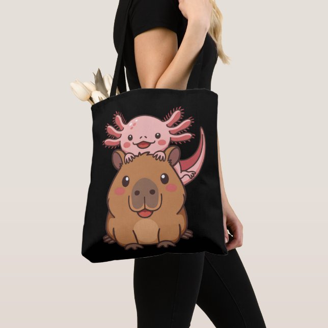Capybara Axolotl Kawaii Animal Lover Zoo Day Tote Bag (Close Up)