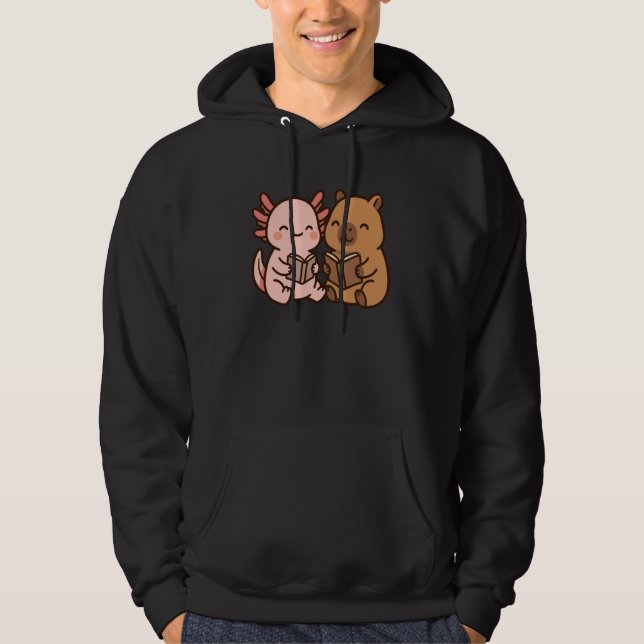 Capybara Axolotl Kawaii Kids Anime Book Lover Read Hoodie (Front)