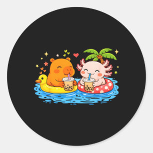 Capybara Axolotl On Pool Floats Drinking Boba Classic Round Sticker