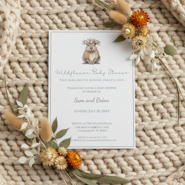Capybara Baby Shower • Wildflower Boho Invitation (Boho baby shower invitation with watercolor capybara and floral crown on cream knitted blanket)