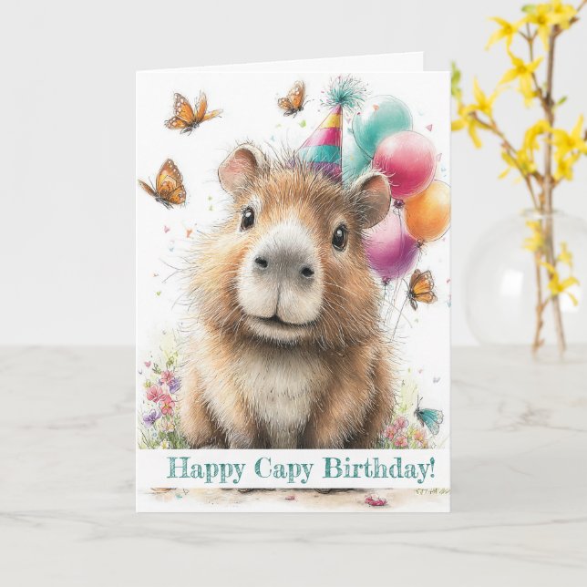 Capybara Birthday Card • Cute Balloon Design (Yellow Flower)