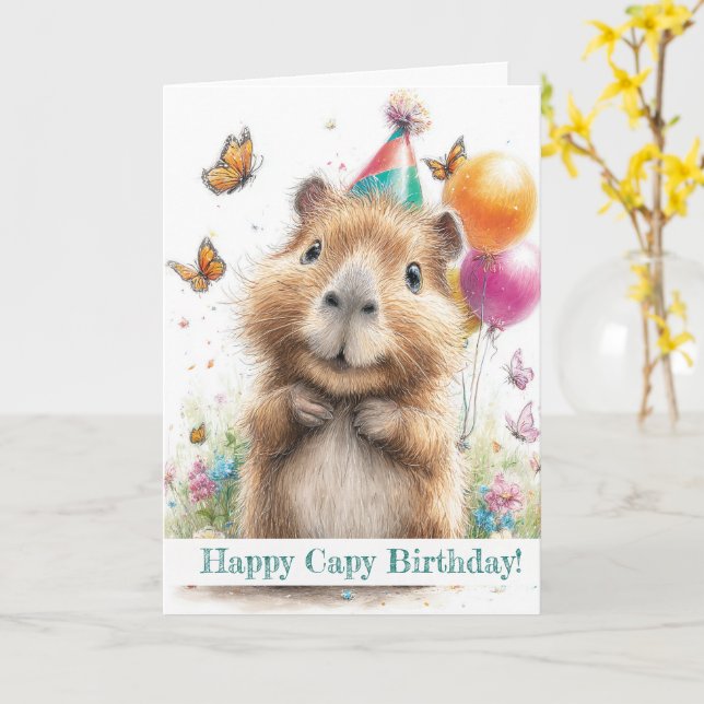 Capybara Birthday Card • Cute Balloon Design (Yellow Flower)