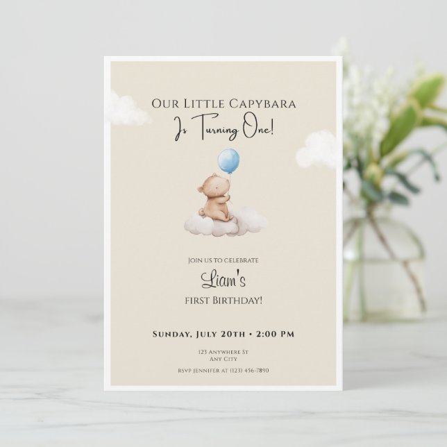 Capybara Birthday Invitation Cloud and Balloon (Standing Front)