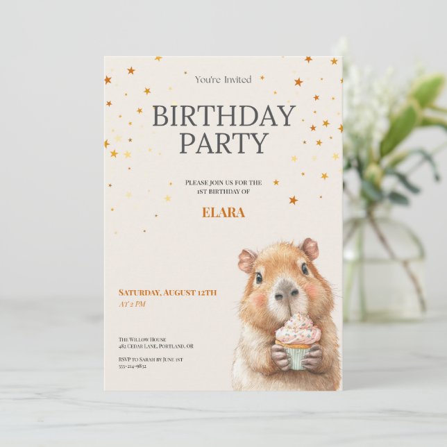 Capybara Birthday Invitation • Cute First Birthday (Standing Front)