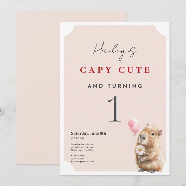 Capybara Birthday Invitation • First Birthday Part (Front/Back)