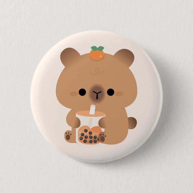 Capybara Boba 6 Cm Round Badge (Front)
