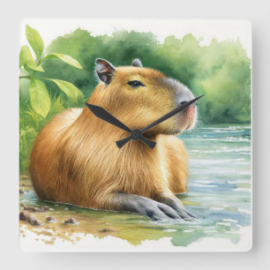 Capybara by the River REF37 - Watercolor Square Wall Clock