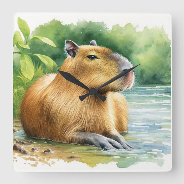 Capybara by the River REF37 - Watercolor Square Wall Clock (Front)
