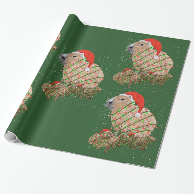 Capybara Christmas Family Wrapped in Holiday Light Wrapping Paper (Unrolled)