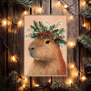Capybara Christmas Holly Baby Breath Flower Crown Holiday Card