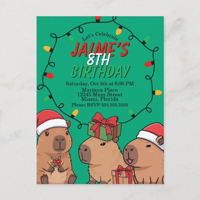Capybara Christmas Lights Birthday Party  Postcard (Front)