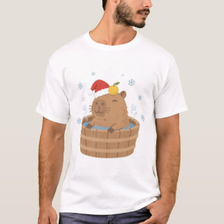 Capybara Christmas Onsen Santa Hat T-Shirt