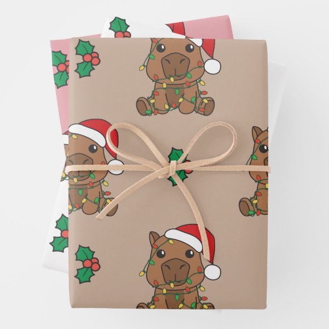 Capybara Christmas Winter Animals Holiday Capybara Wrapping Paper Sheet (In situ)