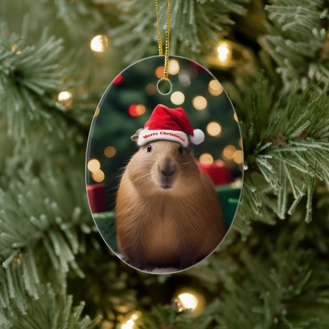 "Capybara Claus: A Festive Bokeh Wonderland" Ceramic Ornament (Tree)