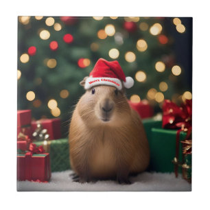 "Capybara Claus: A Festive Bokeh Wonderland" Ceramic Tile