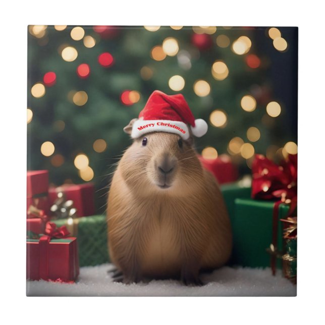 "Capybara Claus: A Festive Bokeh Wonderland" Ceramic Tile (Front)