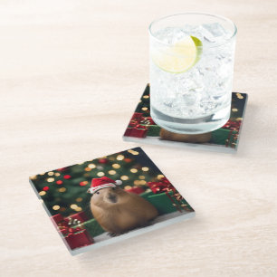 "Capybara Claus: A Festive Bokeh Wonderland" Glass Coaster